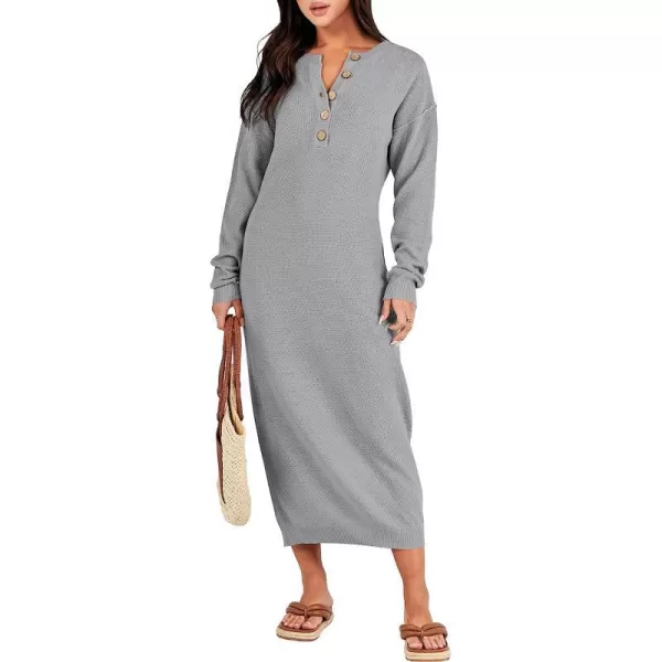 imageANRABESS Women Sweater Maxi Dress Long Sleeve Button V Neck Oversized Casual Loose Waffle Knit Sweater DressGrey