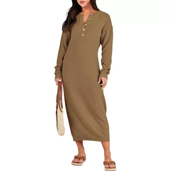 imageANRABESS Women Sweater Maxi Dress Long Sleeve Button V Neck Oversized Casual Loose Waffle Knit Sweater DressKhaki