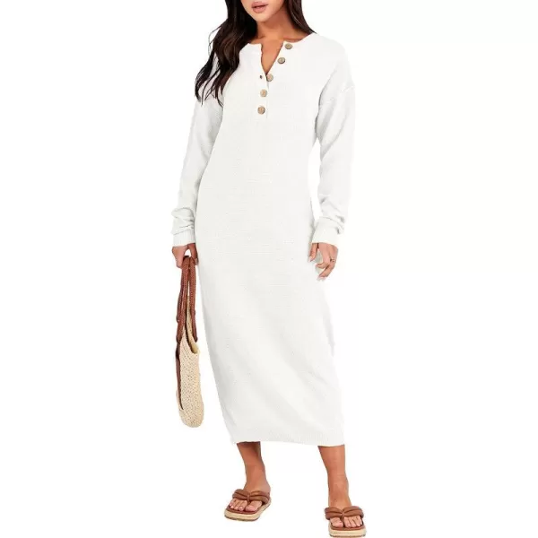 imageANRABESS Women Sweater Maxi Dress Long Sleeve Button V Neck Oversized Casual Loose Waffle Knit Sweater DressWhite