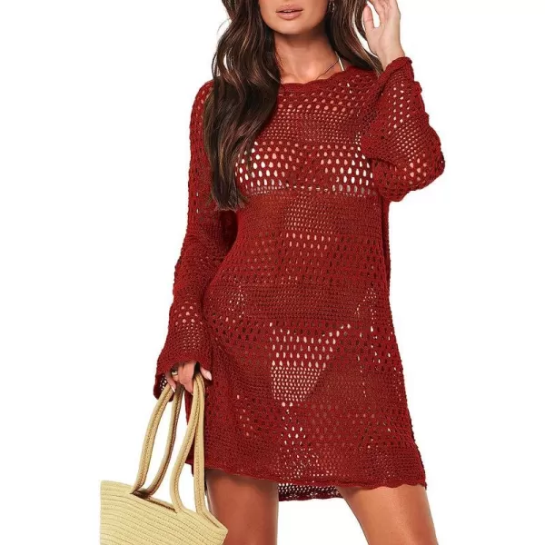 imageANRABESS Women Swimsuit Crochet Swim Cover Up Summer Bathing Suit Swimwear Knit Pullover Beach DressBurgundy