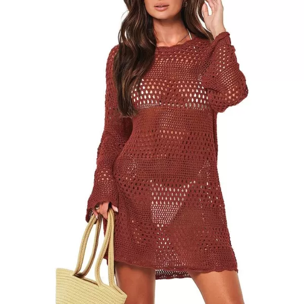 imageANRABESS Women Swimsuit Crochet Swim Cover Up Summer Bathing Suit Swimwear Knit Pullover Beach DressRed