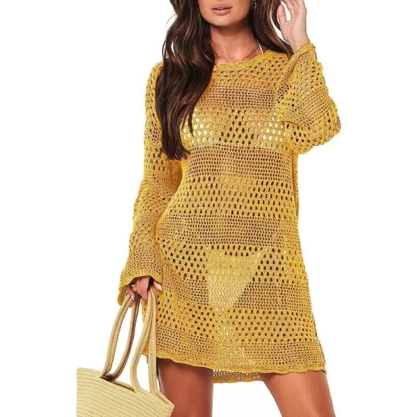imageANRABESS Women Swimsuit Crochet Swim Cover Up Summer Bathing Suit Swimwear Knit Pullover Beach DressYellow