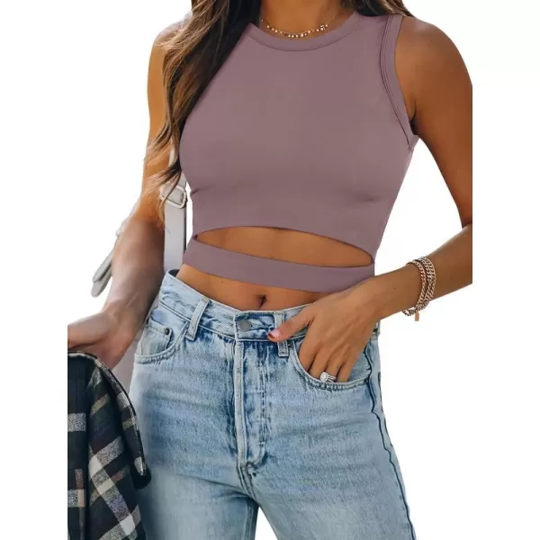 imageANRABESS Women Tank Tops High Neck Sexy Sleeveless Cutout Racer Back Crop TopsNutmeg