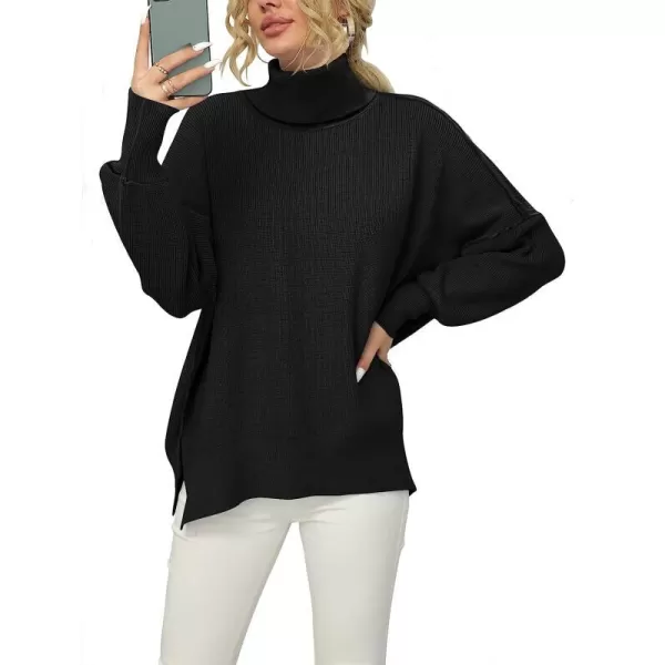 imageANRABESS Women Turtleneck Batwing Sleeve Oversized Side Slit Ribbed Knit Pullover Sweater TopBlack