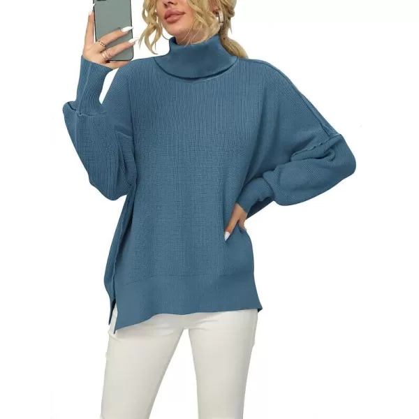 imageANRABESS Women Turtleneck Batwing Sleeve Oversized Side Slit Ribbed Knit Pullover Sweater TopBlue