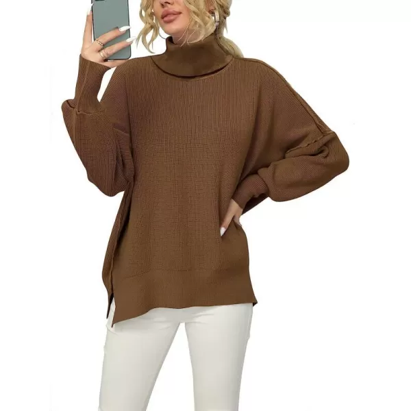 imageANRABESS Women Turtleneck Batwing Sleeve Oversized Side Slit Ribbed Knit Pullover Sweater TopCoffee