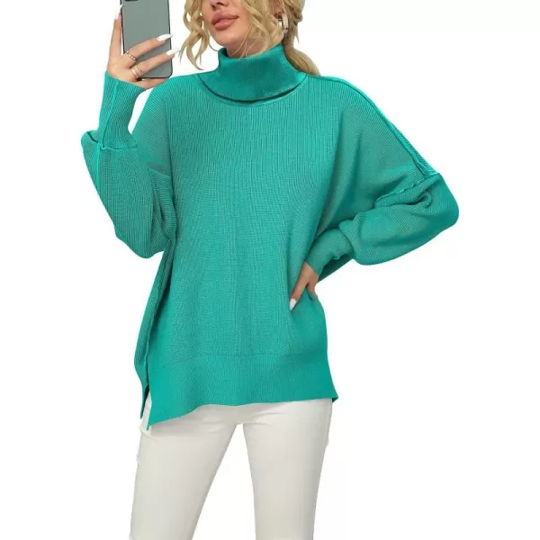 imageANRABESS Women Turtleneck Batwing Sleeve Oversized Side Slit Ribbed Knit Pullover Sweater TopGreen Blue