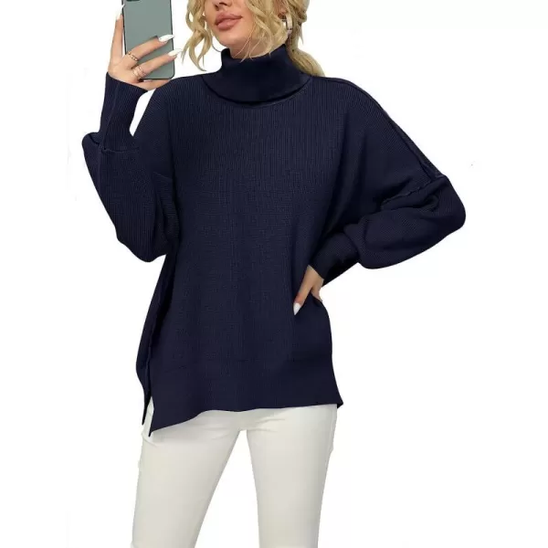 imageANRABESS Women Turtleneck Batwing Sleeve Oversized Side Slit Ribbed Knit Pullover Sweater TopNavy