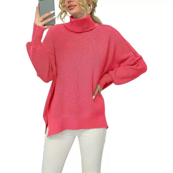 imageANRABESS Women Turtleneck Batwing Sleeve Oversized Side Slit Ribbed Knit Pullover Sweater TopPeach