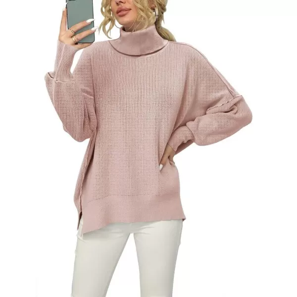 imageANRABESS Women Turtleneck Batwing Sleeve Oversized Side Slit Ribbed Knit Pullover Sweater TopPink