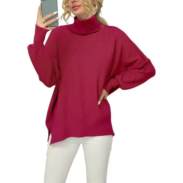 imageANRABESS Women Turtleneck Batwing Sleeve Oversized Side Slit Ribbed Knit Pullover Sweater TopRose
