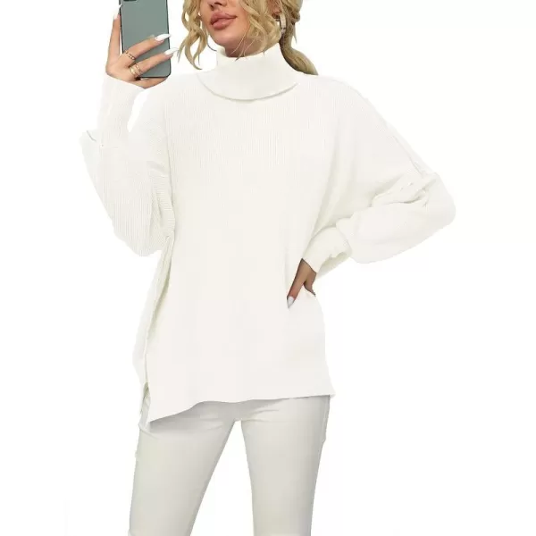 imageANRABESS Women Turtleneck Batwing Sleeve Oversized Side Slit Ribbed Knit Pullover Sweater TopWhite