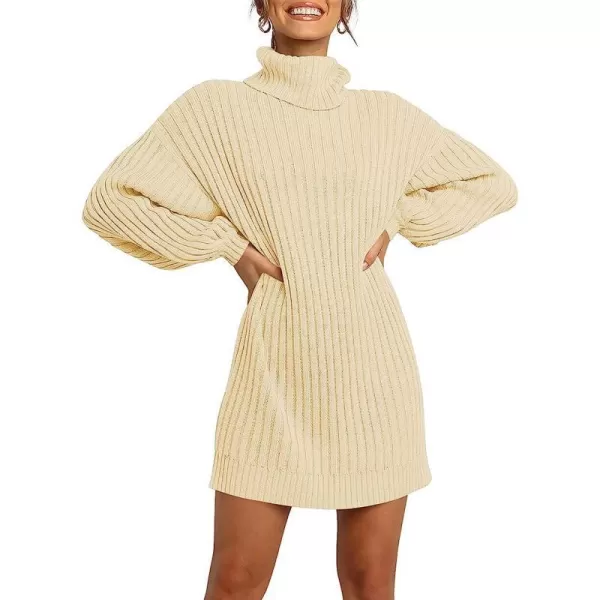 imageANRABESS Women Turtleneck Long Lantern Sleeve Casual Loose Oversized Sweater Dress Soft Winter Pullover DressesApricot