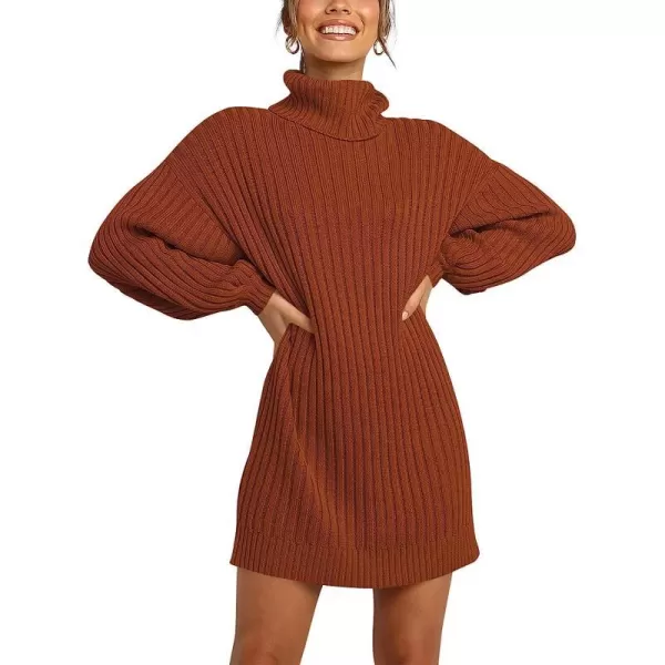 imageANRABESS Women Turtleneck Long Lantern Sleeve Casual Loose Oversized Sweater Dress Soft Winter Pullover DressesCaramel