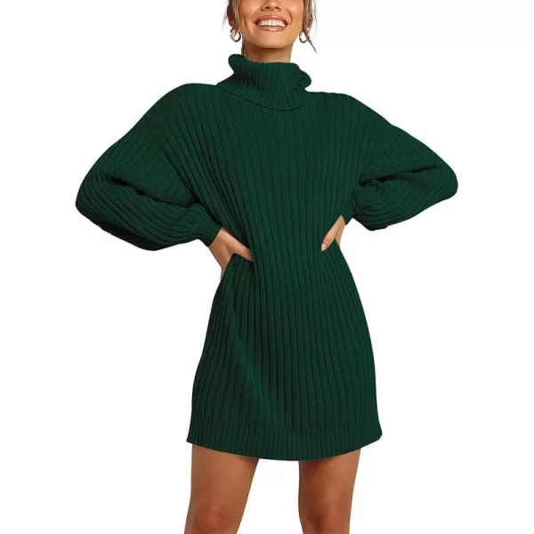 imageANRABESS Women Turtleneck Long Lantern Sleeve Casual Loose Oversized Sweater Dress Soft Winter Pullover DressesDark Green