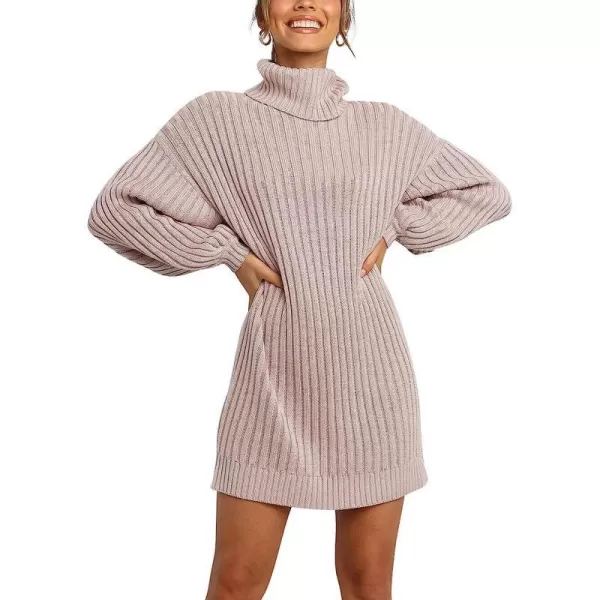 imageANRABESS Women Turtleneck Long Lantern Sleeve Casual Loose Oversized Sweater Dress Soft Winter Pullover DressesLight Pink