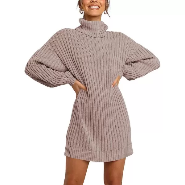 imageANRABESS Women Turtleneck Long Lantern Sleeve Casual Loose Oversized Sweater Dress Soft Winter Pullover DressesPink Apricot