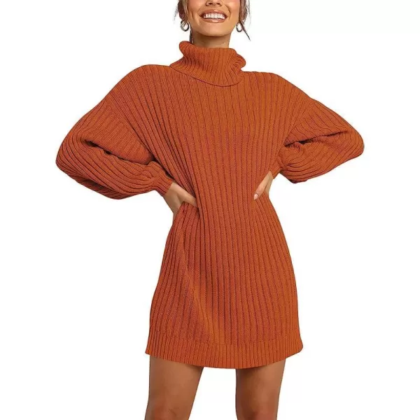 imageANRABESS Women Turtleneck Long Lantern Sleeve Casual Loose Oversized Sweater Dress Soft Winter Pullover DressesPumpkin