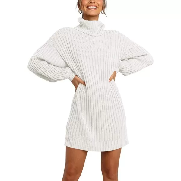 imageANRABESS Women Turtleneck Long Lantern Sleeve Casual Loose Oversized Sweater Dress Soft Winter Pullover DressesWhite
