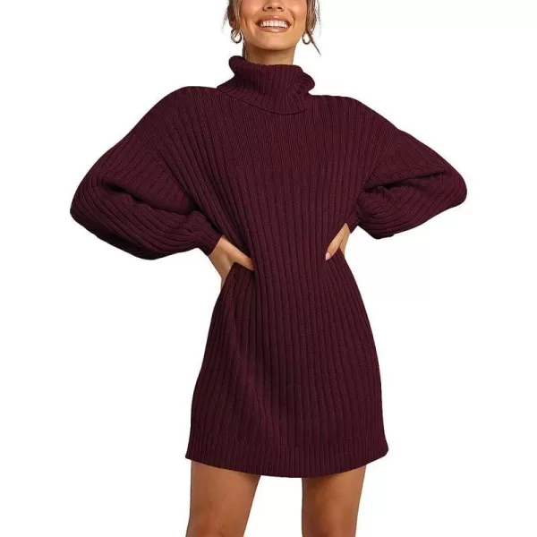 imageANRABESS Women Turtleneck Long Lantern Sleeve Casual Loose Oversized Sweater Dress Soft Winter Pullover DressesWine