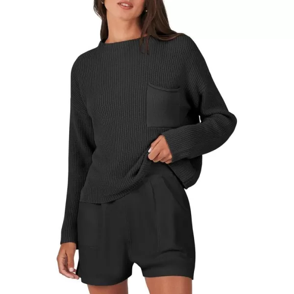 imageANRABESS Women Two Piece Outfits Sweater Sets Knit Pullover Long Sleeves Tops and Shorts Sweatsuit Lounge Set TracksuitBlack