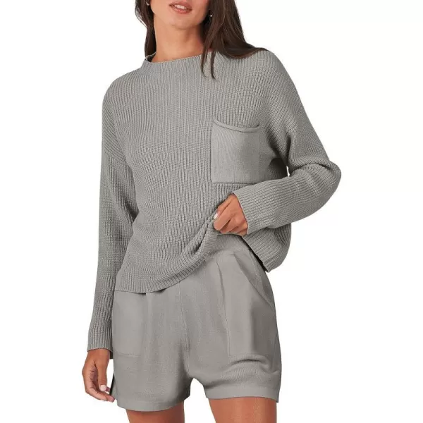 imageANRABESS Women Two Piece Outfits Sweater Sets Knit Pullover Long Sleeves Tops and Shorts Sweatsuit Lounge Set TracksuitLight Grey