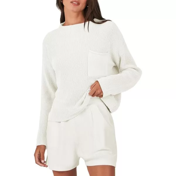 imageANRABESS Women Two Piece Outfits Sweater Sets Knit Pullover Long Sleeves Tops and Shorts Sweatsuit Lounge Set TracksuitWhite