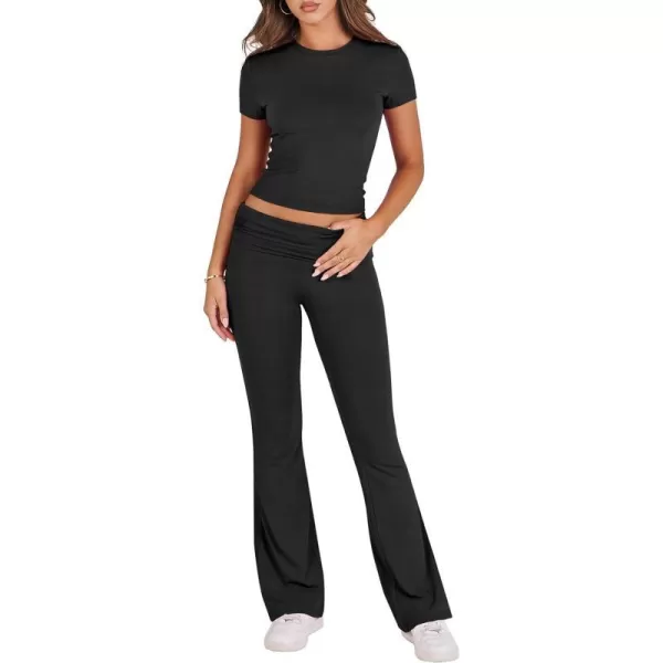 imageANRABESS Womens 2 Piece Lounge Sets Foldover Flare Pants Set Shorts Sleeve Y2K Cropped Top Casual Outfits PajamasBlack