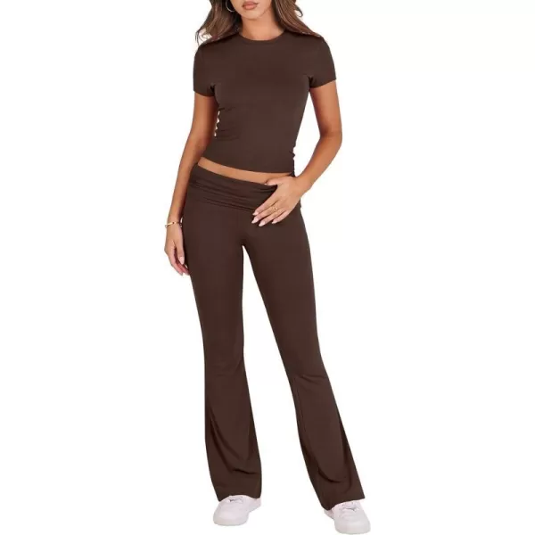 imageANRABESS Womens 2 Piece Lounge Sets Foldover Flare Pants Set Shorts Sleeve Y2K Cropped Top Casual Outfits PajamasBrown