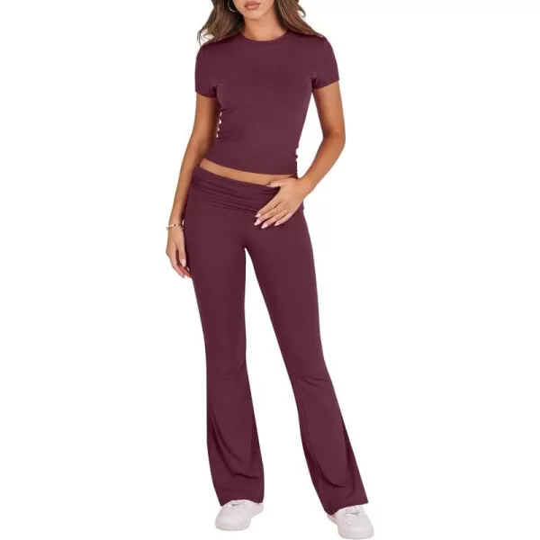 imageANRABESS Womens 2 Piece Lounge Sets Foldover Flare Pants Set Shorts Sleeve Y2K Cropped Top Casual Outfits PajamasBurgundy