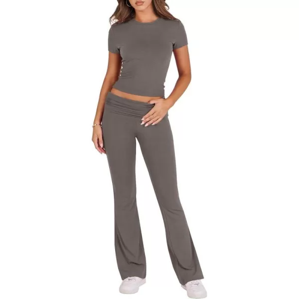 imageANRABESS Womens 2 Piece Lounge Sets Foldover Flare Pants Set Shorts Sleeve Y2K Cropped Top Casual Outfits PajamasDeep Gray