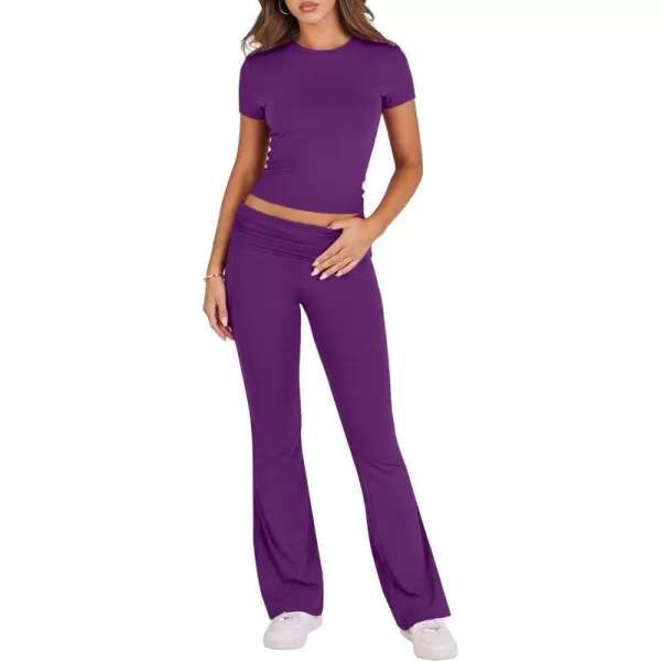 imageANRABESS Womens 2 Piece Lounge Sets Foldover Flare Pants Set Shorts Sleeve Y2K Cropped Top Casual Outfits PajamasDeep Purple
