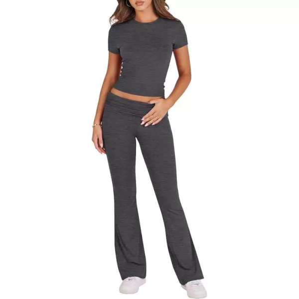 imageANRABESS Womens 2 Piece Lounge Sets Foldover Flare Pants Set Shorts Sleeve Y2K Cropped Top Casual Outfits PajamasGray