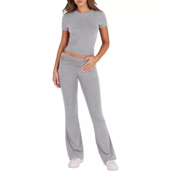 imageANRABESS Womens 2 Piece Lounge Sets Foldover Flare Pants Set Shorts Sleeve Y2K Cropped Top Casual Outfits PajamasGrey