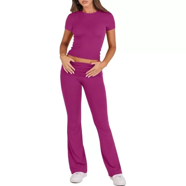 imageANRABESS Womens 2 Piece Lounge Sets Foldover Flare Pants Set Shorts Sleeve Y2K Cropped Top Casual Outfits PajamasHot Pink
