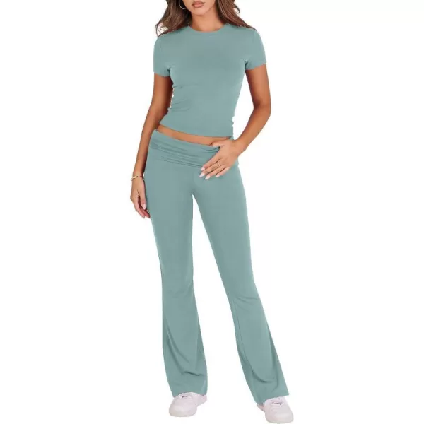 imageANRABESS Womens 2 Piece Lounge Sets Foldover Flare Pants Set Shorts Sleeve Y2K Cropped Top Casual Outfits PajamasLake Green