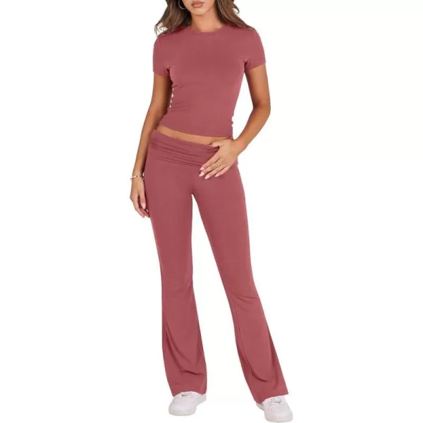 imageANRABESS Womens 2 Piece Lounge Sets Foldover Flare Pants Set Shorts Sleeve Y2K Cropped Top Casual Outfits PajamasPeach