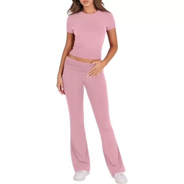 imageANRABESS Womens 2 Piece Lounge Sets Foldover Flare Pants Set Shorts Sleeve Y2K Cropped Top Casual Outfits PajamasPink