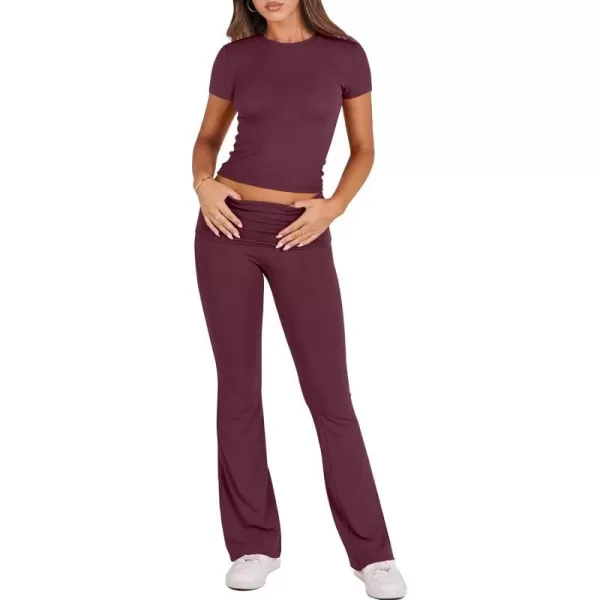 imageANRABESS Womens 2 Piece Lounge Sets Foldover Flare Pants Set Shorts Sleeve Y2K Cropped Top Casual Outfits PajamasWine Red