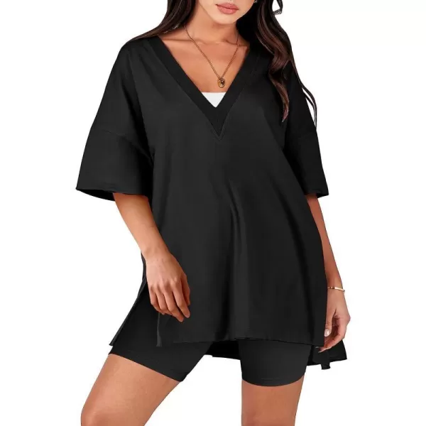 imageANRABESS Womens 2 Piece Outfit Sets Casual Oversized Reversible TShirt Tops Biker Shorts Workout Sports TracksuitBlack