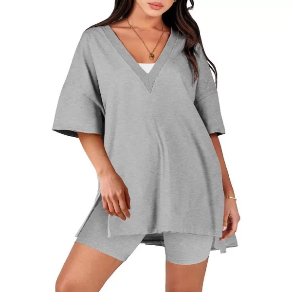 imageANRABESS Womens 2 Piece Outfit Sets Casual Oversized Reversible TShirt Tops Biker Shorts Workout Sports TracksuitGery