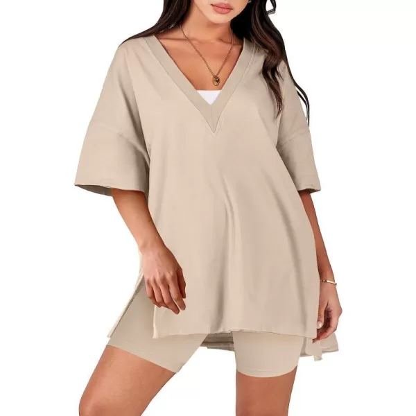 imageANRABESS Womens 2 Piece Outfit Sets Casual Oversized Reversible TShirt Tops Biker Shorts Workout Sports TracksuitKhaki