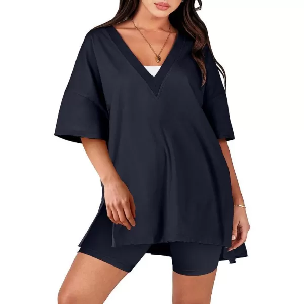 imageANRABESS Womens 2 Piece Outfit Sets Casual Oversized Reversible TShirt Tops Biker Shorts Workout Sports TracksuitNavy Blue