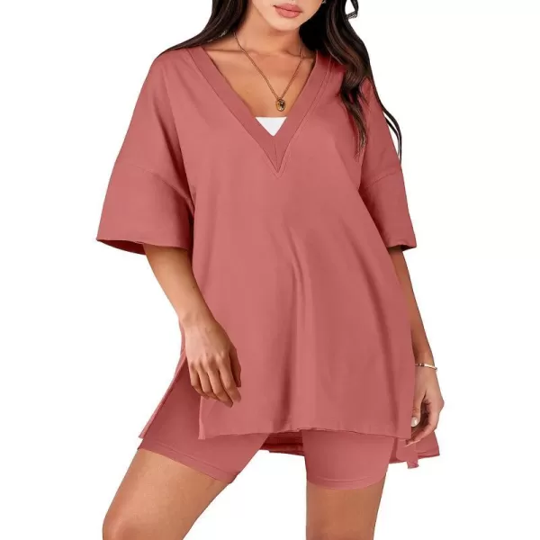 imageANRABESS Womens 2 Piece Outfit Sets Casual Oversized Reversible TShirt Tops Biker Shorts Workout Sports TracksuitRust
