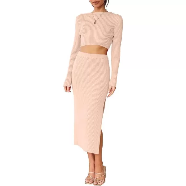 imageANRABESS Womens 2 Piece Outfits Dress Long Sleeve Crop Sweater Top amp Ribbed Midi Bodycon Skirt SetPink