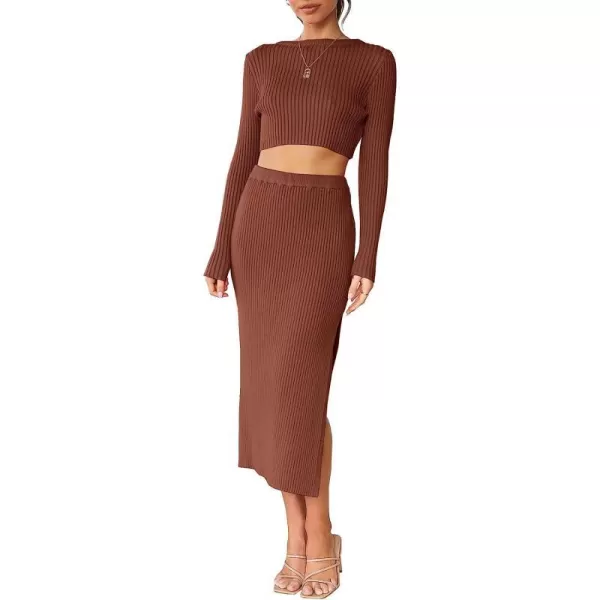 imageANRABESS Womens 2 Piece Outfits Dress Long Sleeve Crop Sweater Top amp Ribbed Midi Bodycon Skirt SetRust