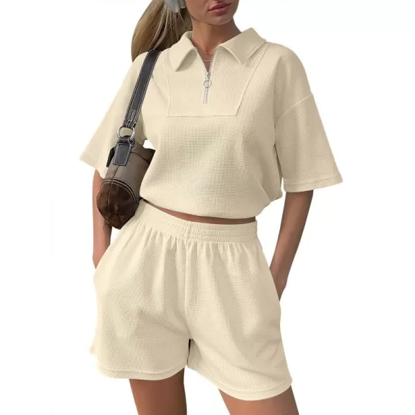 imageANRABESS Womens 2 Piece Outfits Half Zip Lapel Collar Short Sleeve Drawstring Crop Tops Short Pants Lounge Sets SweatsuitBeige