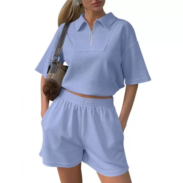 imageANRABESS Womens 2 Piece Outfits Half Zip Lapel Collar Short Sleeve Drawstring Crop Tops Short Pants Lounge Sets SweatsuitBlue