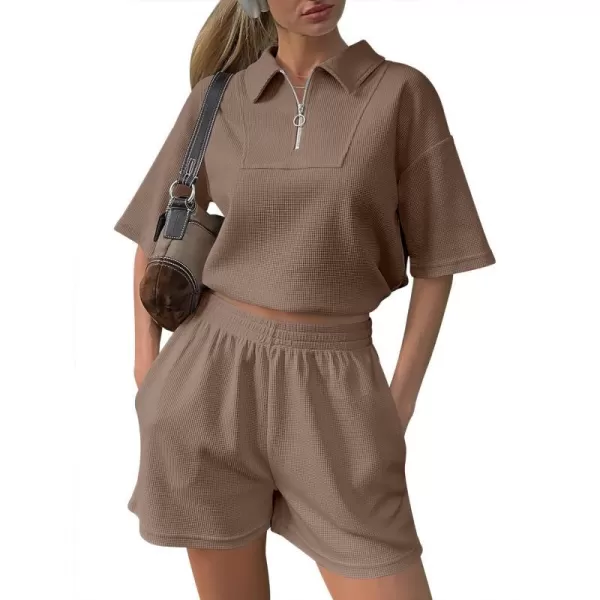 imageANRABESS Womens 2 Piece Outfits Half Zip Lapel Collar Short Sleeve Drawstring Crop Tops Short Pants Lounge Sets SweatsuitBrown