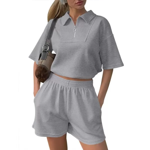 imageANRABESS Womens 2 Piece Outfits Half Zip Lapel Collar Short Sleeve Drawstring Crop Tops Short Pants Lounge Sets SweatsuitGrey
